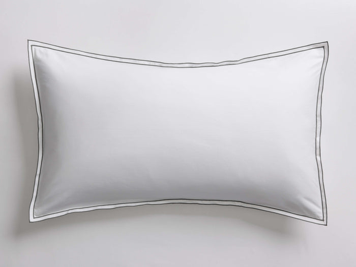 White Italian Embroidered Percale Sham, laid flat, featuring a crisp white fabric with a double gray embroidered border.