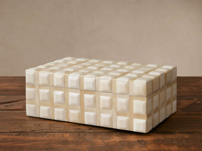 Jimena Striped Rectangular Box, ivory bone inlay with raised square tiles forming a striped pattern, angled on wood.