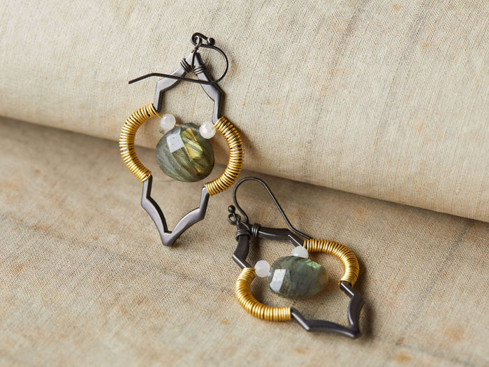 Kerryn Labradorite Earrings with faceted labradorite stones, moonstone gems, and gold-toned brass-plated rings, featuring French-wire backs.