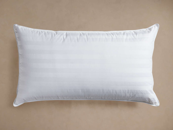 Front view of the White King Down-Fill Pillow Insert with damask stripes and piping.