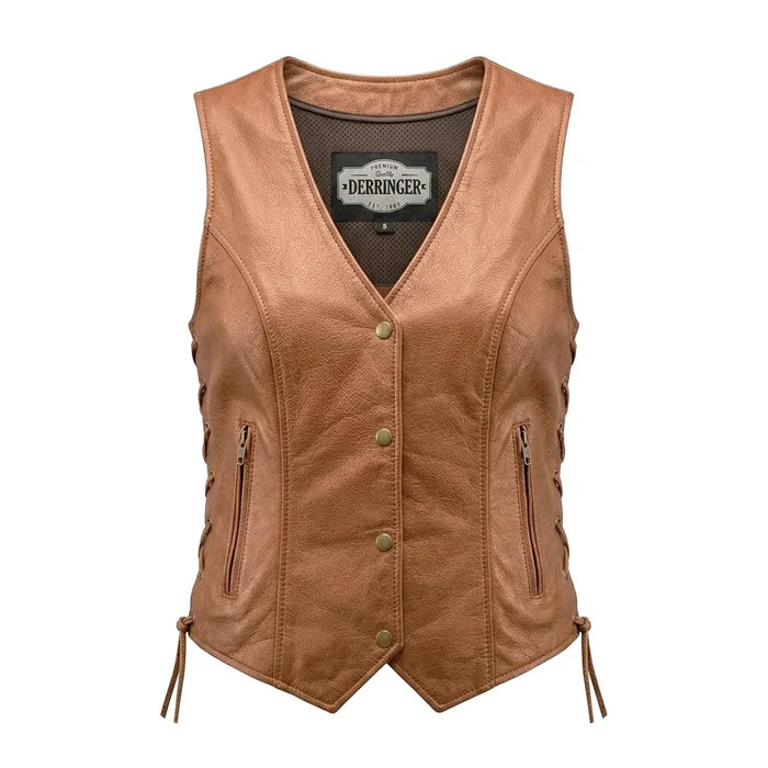 Leah - Women's Lambskin Leather Motorcycle Vest (Brown)