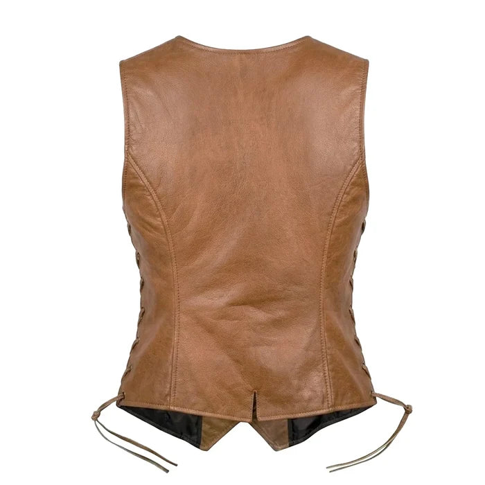 Leah - Women's Lambskin Leather Motorcycle Vest (Brown)