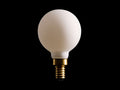 LED G16 Filament E12 Bulb with frosted glass, spherical shape, and visible brass screw base, against black background.