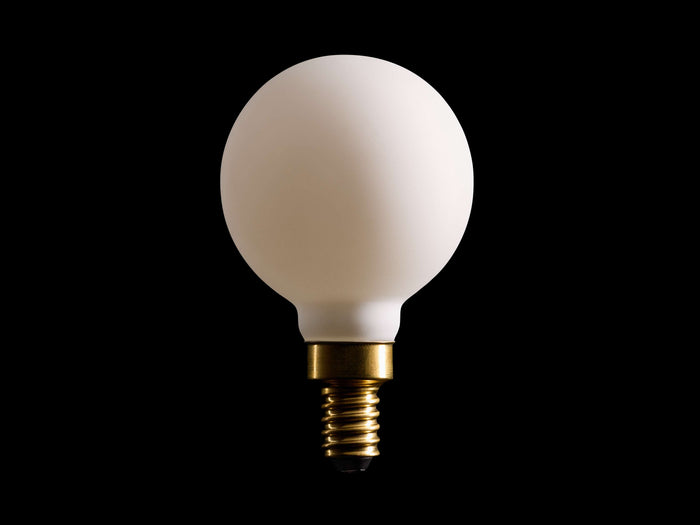 LED G16 Filament E12 Bulb with frosted glass, spherical shape, and visible brass screw base, against black background.