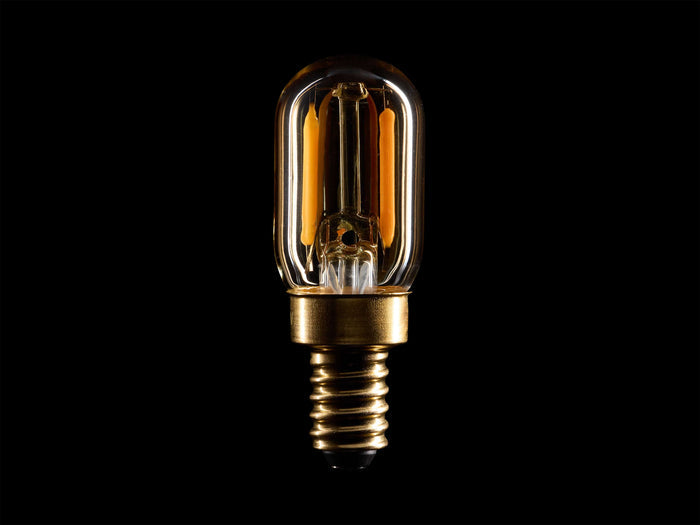 Amber glass LED T22 Filament bulb with E12 base, vertically oriented. Bulb glows with warm light, gold screw base.