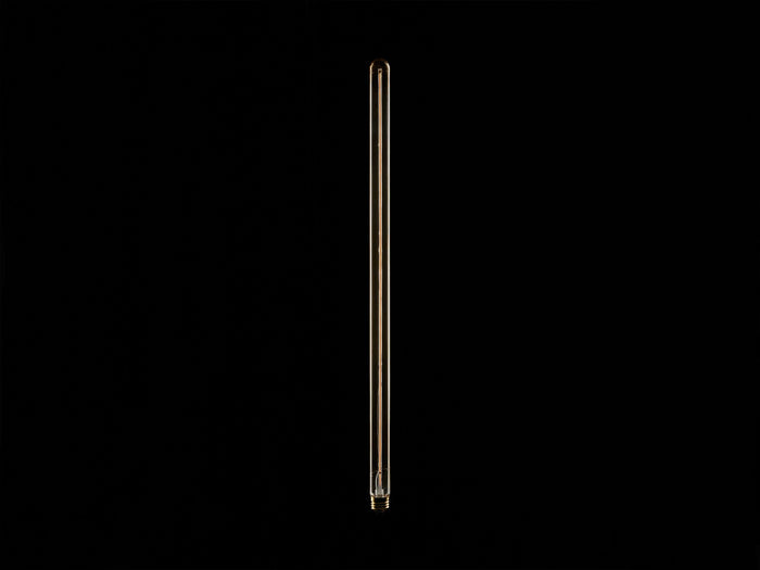 Side view of a slender, tubular light bulb with a glowing filament emitting a warm amber light and a screw-in base.