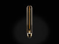 Front view of a vertical tubular Edison-style light bulb, clear glass, glowing amber filament, brass screw base.