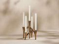 Lina Taper Holder: Brass-finished, organic branching sculpture holding five white taper candles, some lit, on a light surface.
