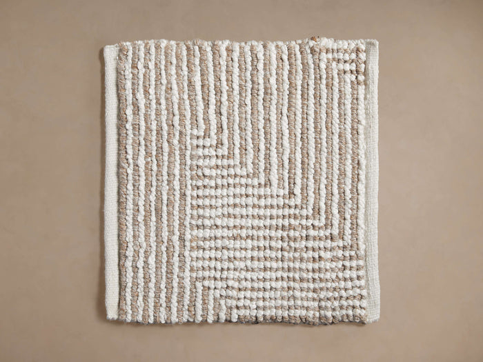 Maddux Performance Rug Swatch in Natural, rectangular, textured off-white and natural beige geometric striped pattern, flat lay.