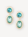 A pair of gold drop earrings featuring a round turquoise gemstone on top and an oval faceted aqua gemstone below, set against a clean off-white background.