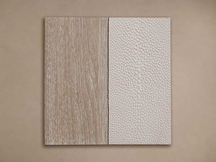 Malone Finish Board showing light brown distressed wood grain and off-white textured shagreen leather.