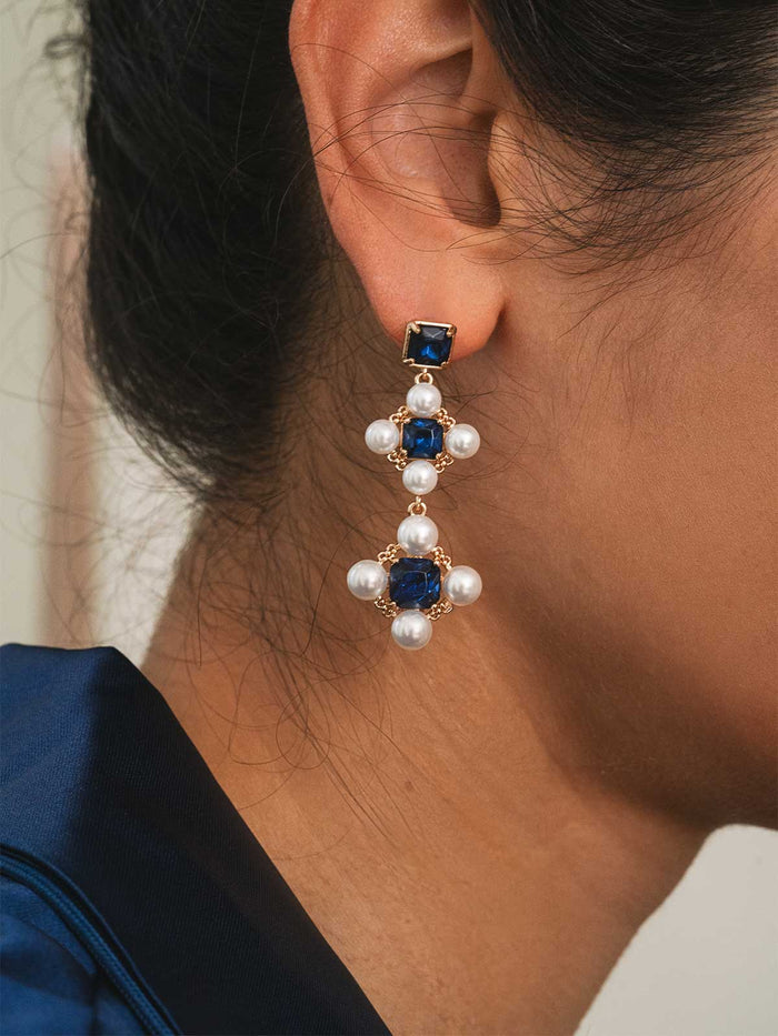 Olive & Piper Marguerite Statement Earrings - Blue and Pearl