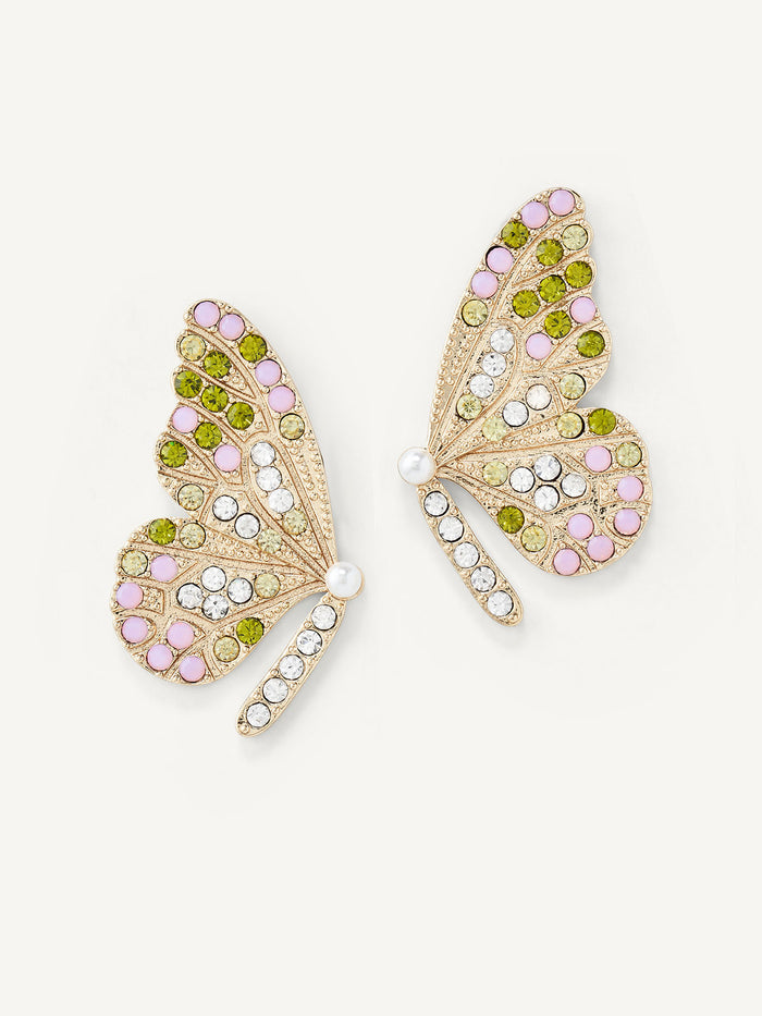 Butterfly-shaped earrings with gemstones on a white background
