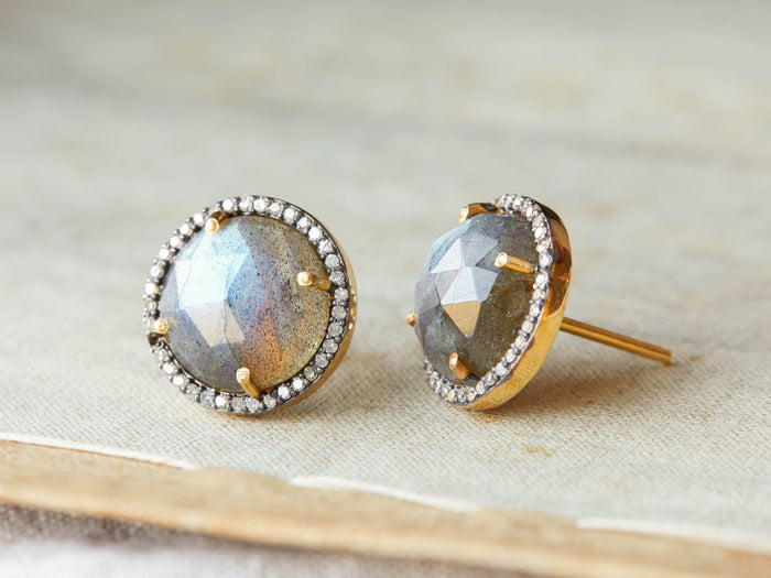 Mayla Labradorite Stud Earrings with faceted labradorite stones in gold-plated silver settings, accented by pave diamonds.