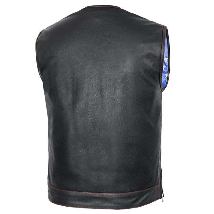 Men's Banded Collar leather Vest with USA Flag Lining & Red Stitching