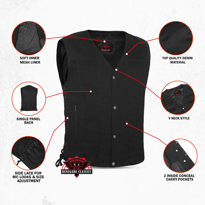 Men's Black Denim Motorcycle Vest – Single Panel Back