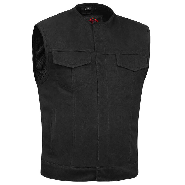 Mens Black Denim Motorcycle Vest with Concealed Snaps & Zipper