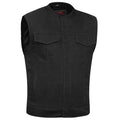 Mens Black Denim Motorcycle Vest with Concealed Snaps & Zipper