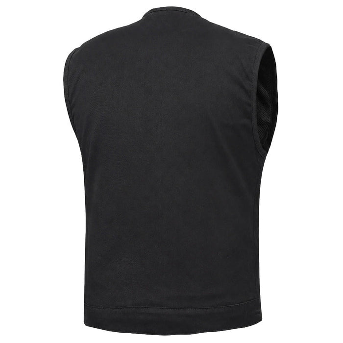 Mens Black Denim Motorcycle Vest with Concealed Snaps & Zipper