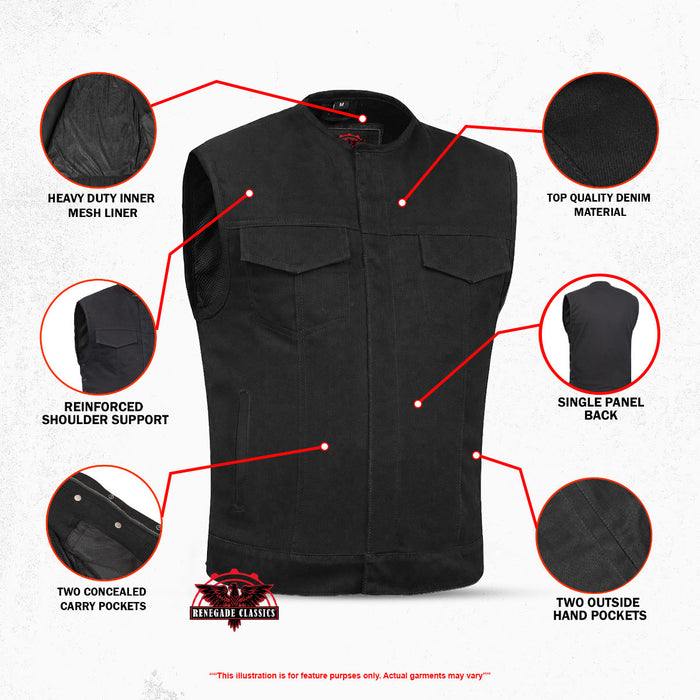 Mens Black Denim Motorcycle Vest with Concealed Snaps & Zipper