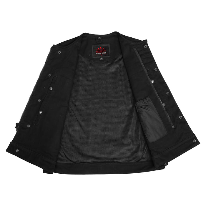 Mens Black Denim Motorcycle Vest with Concealed Snaps & Zipper