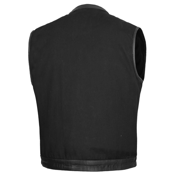 Men's Black Denim Single Panel Concealment Vest W/ Leather Trim