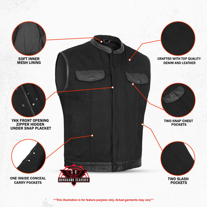 Men's Black Denim Single Panel Concealment Vest W/ Leather Trim