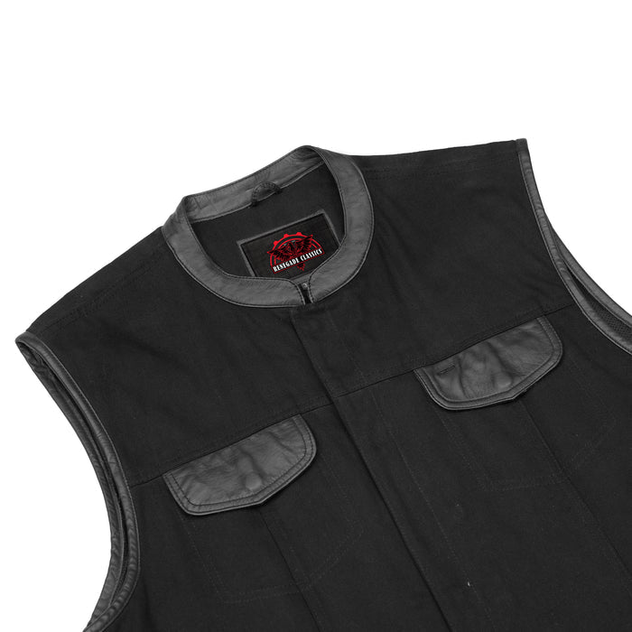 Men's Black Denim Single Panel Concealment Vest W/ Leather Trim