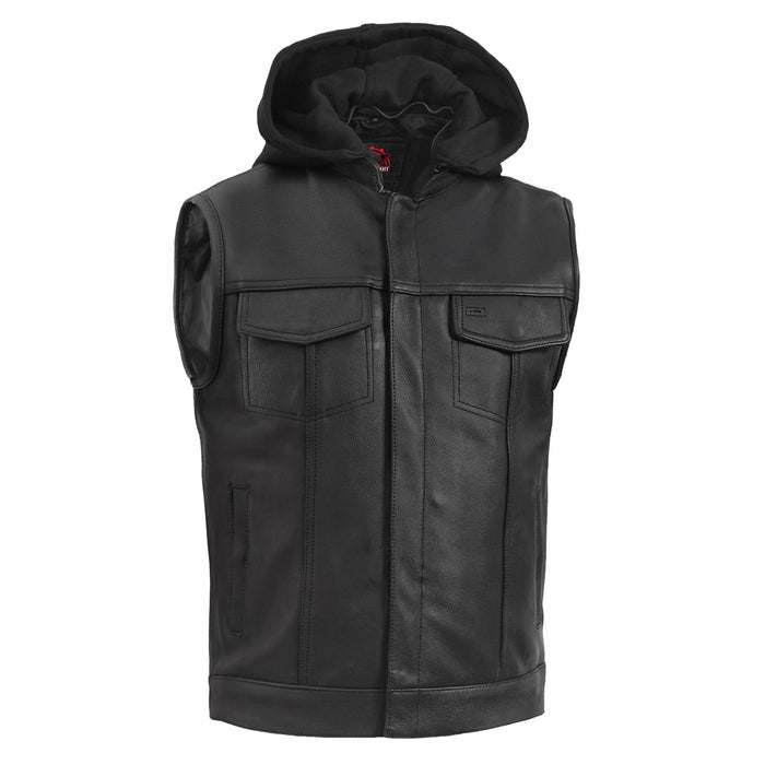 Men's Black Leather Motorcycle Vest with Removable Hood