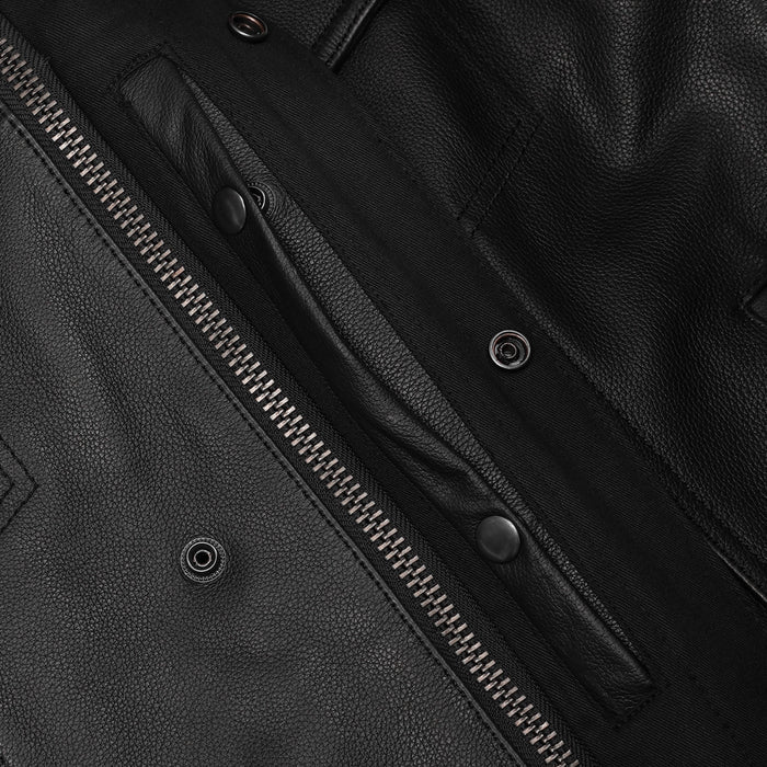 Men's Black Leather Motorcycle Vest with Removable Hood