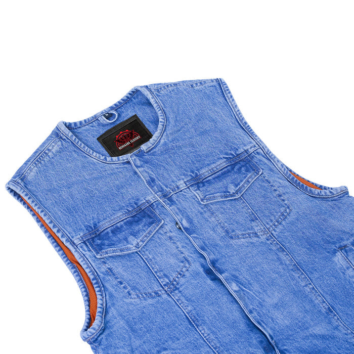 Mens Blue Denim Motorcycle Vest with Concealed Snaps & Zipper