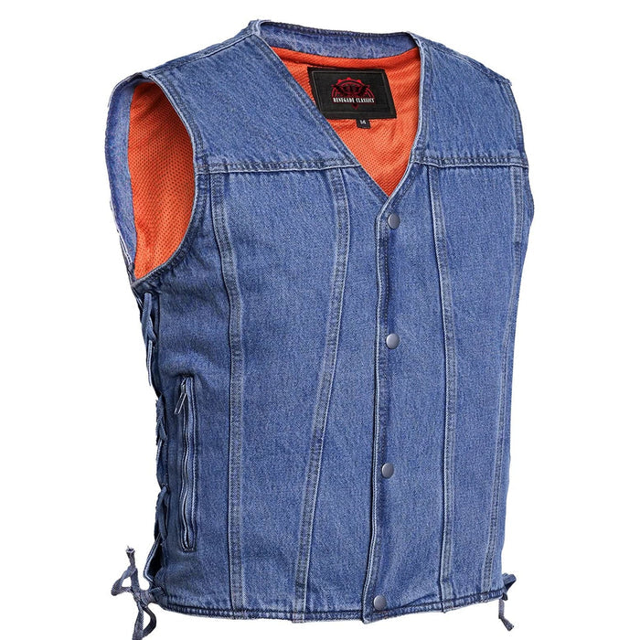 Men's Blue Denim Motorcycle Vest with Lace & Pockets
