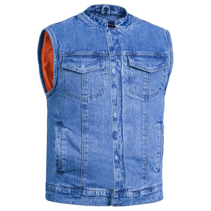 Men's Blue Denim Motorcycle Vest with Lace & Pockets