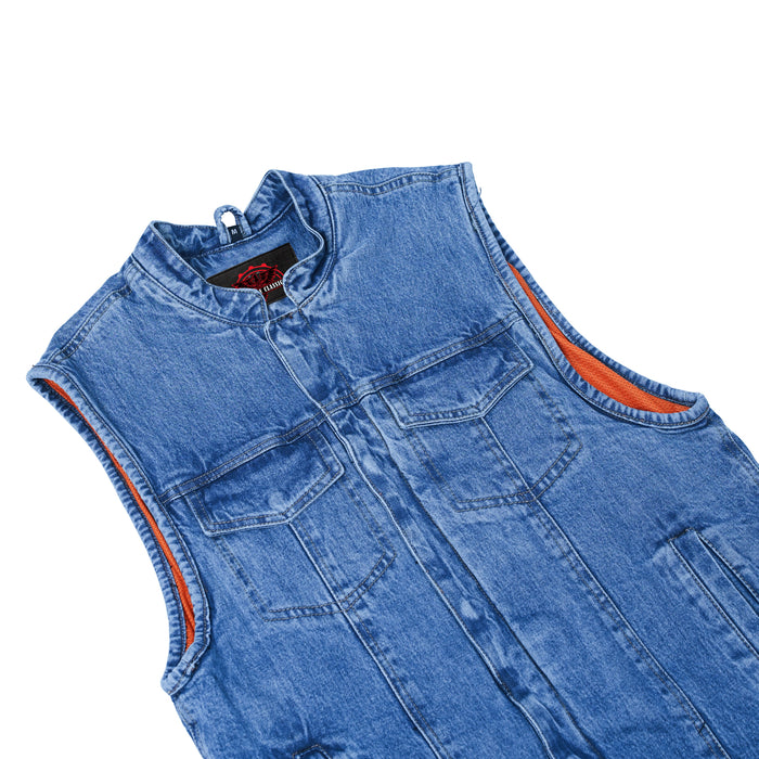 Men's Blue Denim Motorcycle Vest with Lace & Pockets