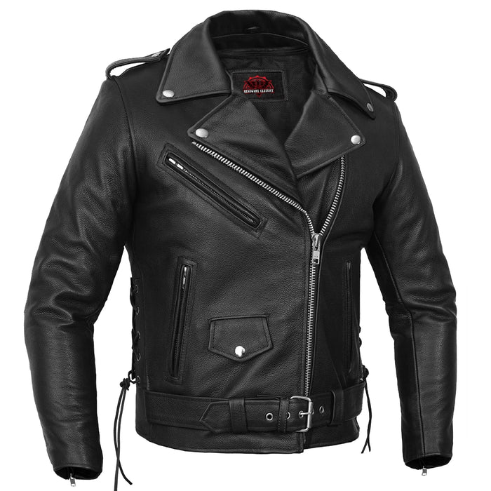 Men's Classic Side Lace Police Black Leather Motorcycle Jacket