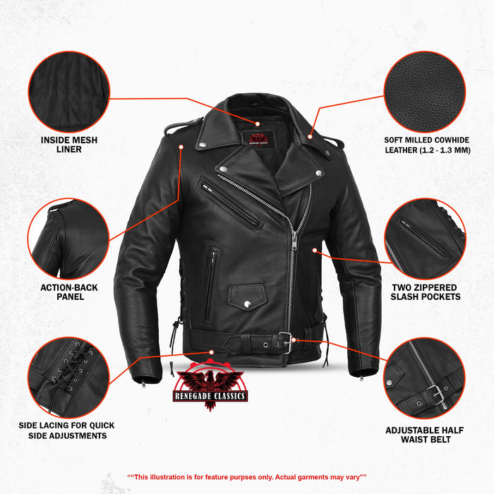 Men's Classic Side Lace Police Black Leather Motorcycle Jacket