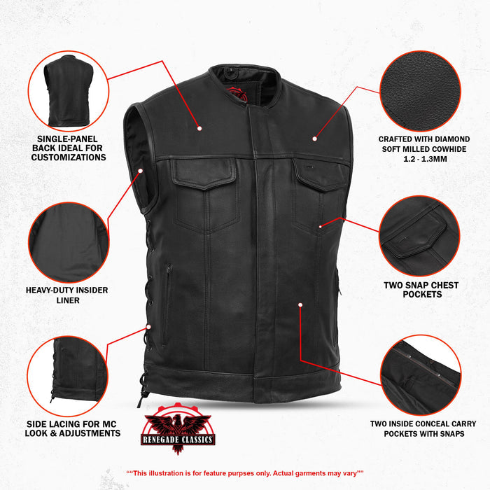 Men's Combat Black motorcycle Leather Vest - Gun Pockets & Side Laces