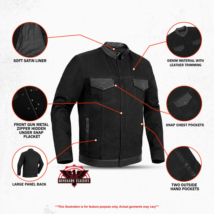 Men's Full Cut Denim Jacket – Leather Trim & Hidden Pockets