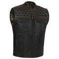 Men's Gold Rush Black Leather Vest - Yellow Stitching