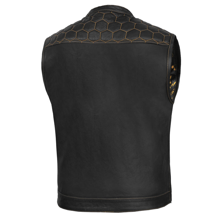 Men's Gold Rush Black Leather Vest - Yellow Stitching