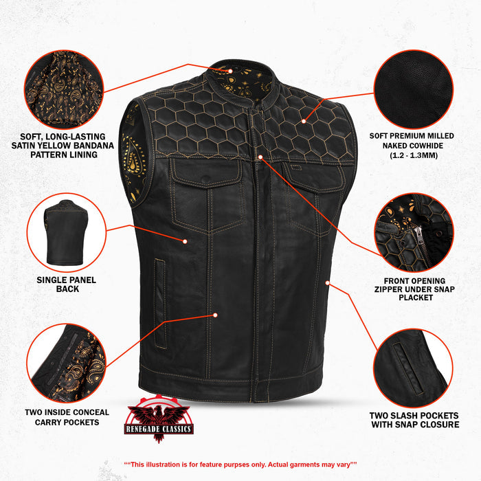 Men's Gold Rush Black Leather Vest - Yellow Stitching