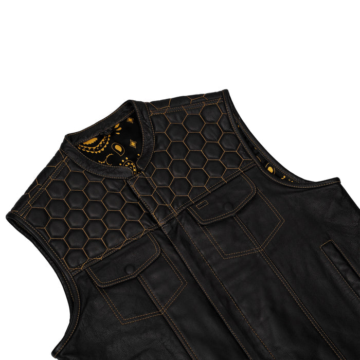 Men's Gold Rush Black Leather Vest - Yellow Stitching