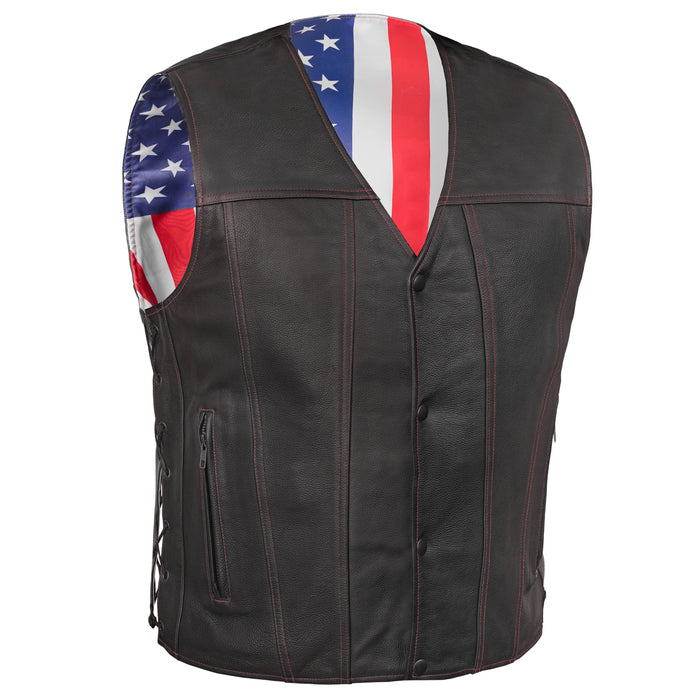 Men's Honor Ride Black Leather Motorcycle Vest with Red Stitching