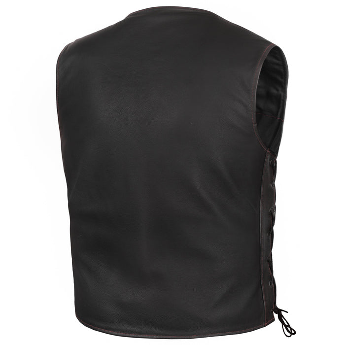 Men's Honor Ride Black Leather Motorcycle Vest with Red Stitching