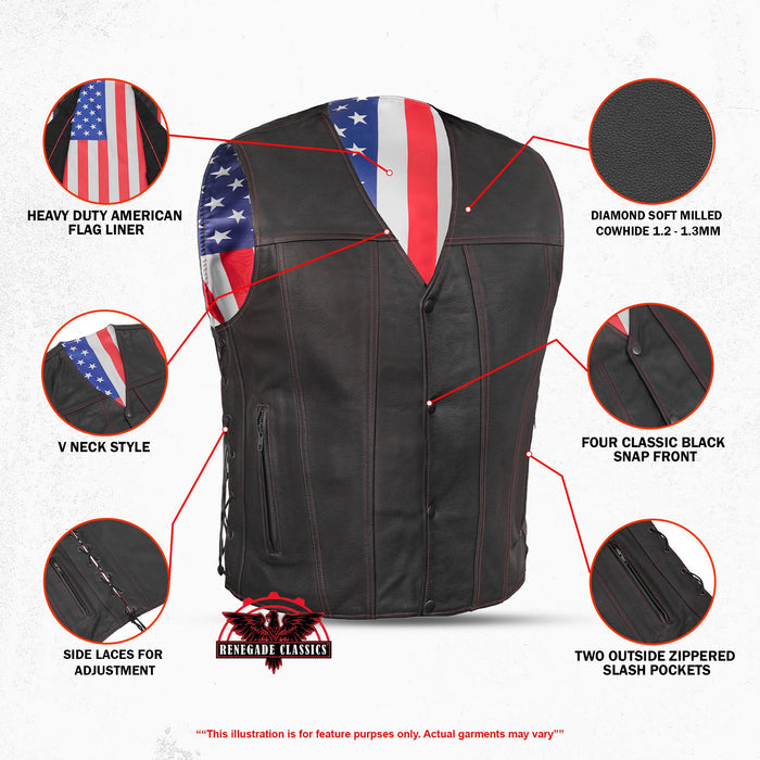 Men's Honor Ride Black Leather Motorcycle Vest with Red Stitching