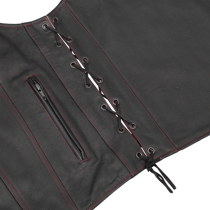 Men's Honor Ride Black Leather Motorcycle Vest with Red Stitching