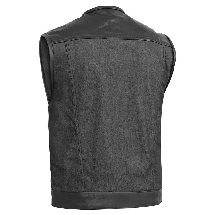 Men's Leather-Denim Combo Motorcycle  Vest - No Collar