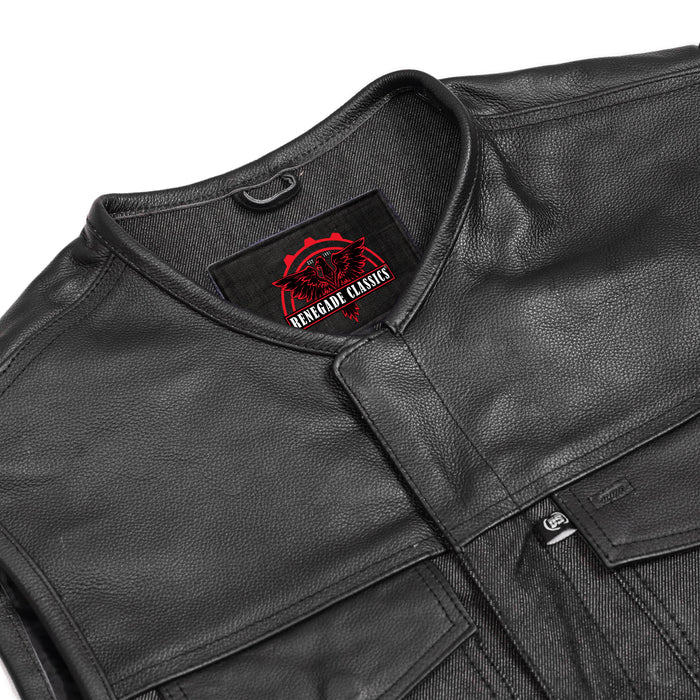 Men's Leather-Denim Combo Motorcycle  Vest - No Collar