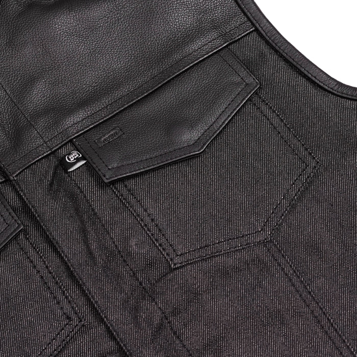 Men's Leather-Denim Combo Motorcycle  Vest - No Collar