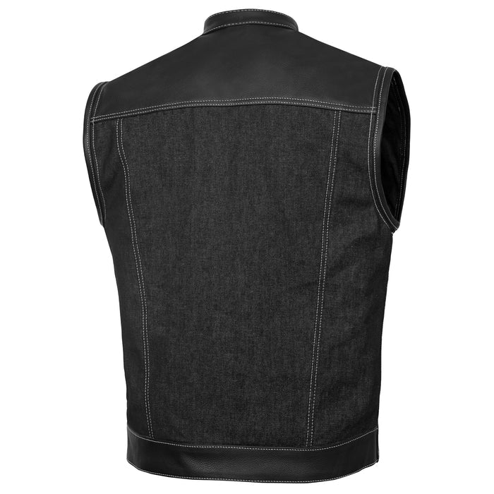 Men's Leather-Denim Combo Motorcycle Vest w/ Scoop Collar